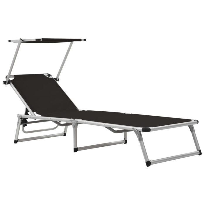 Chaise longue pliable avec toit Aluminium et textilène Noir – Image 1