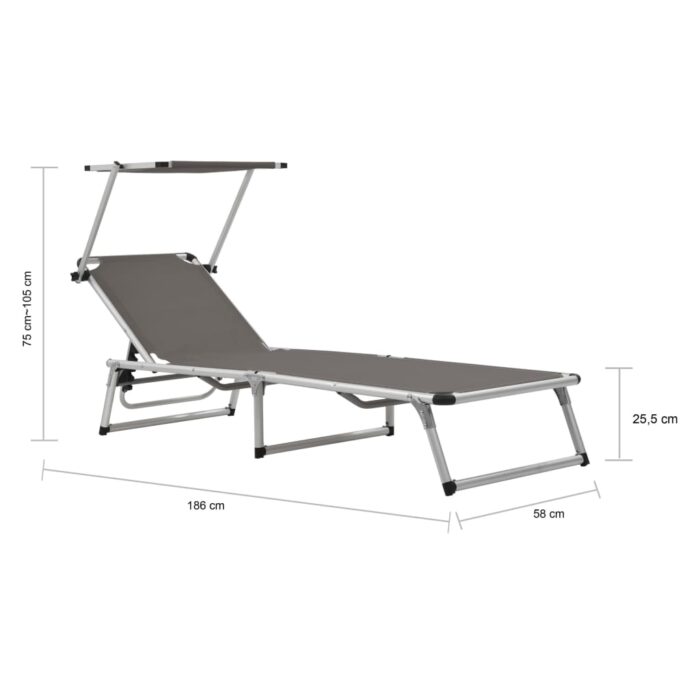 Chaise longue pliable avec toit aluminium et textilène gris – Image 9