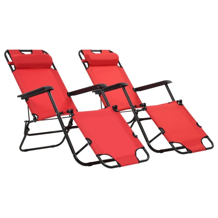 Chaises longues pliables 2 pcs avec repose-pied Acier Rouge – Image 1