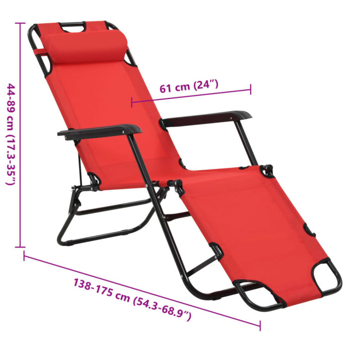 Chaises longues pliables 2 pcs avec repose-pied Acier Rouge – Image 12