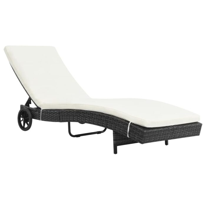 Chaise longue avec roues et coussin Résine tressée Noir – Image 1