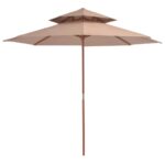 Parasol à deux étages avec mât en bois 270 cm taupe