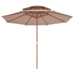 Parasol à deux étages avec mât en bois 270 cm taupe – Image 3