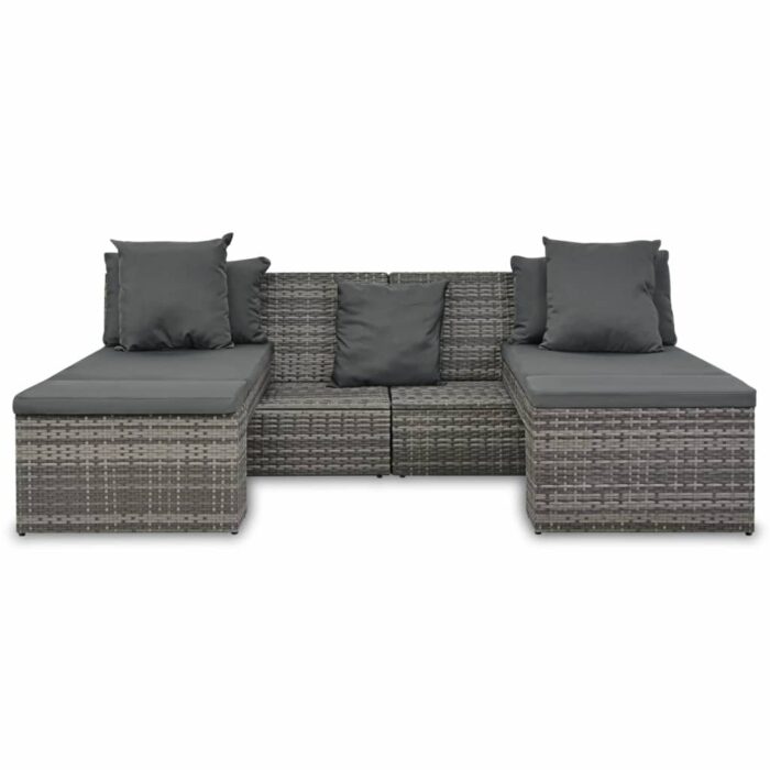 Salon de jardin 4 pcs avec coussins Résine tressée Gris – Image 3