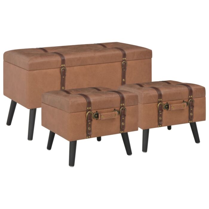 Tabourets de rangement lot de 3 Marron Similicuir – Image 1