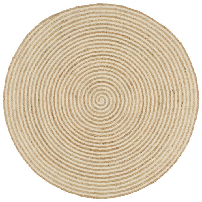 Tapis fait à la main Jute avec design de spirale Blanc 120 cm – Image 1