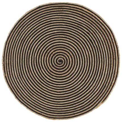 Tapis fait à la main Jute avec design de spirale Noir 120 cm