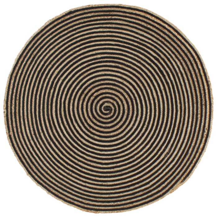 Tapis fait à la main Jute avec design de spirale Noir 150 cm – Image 1