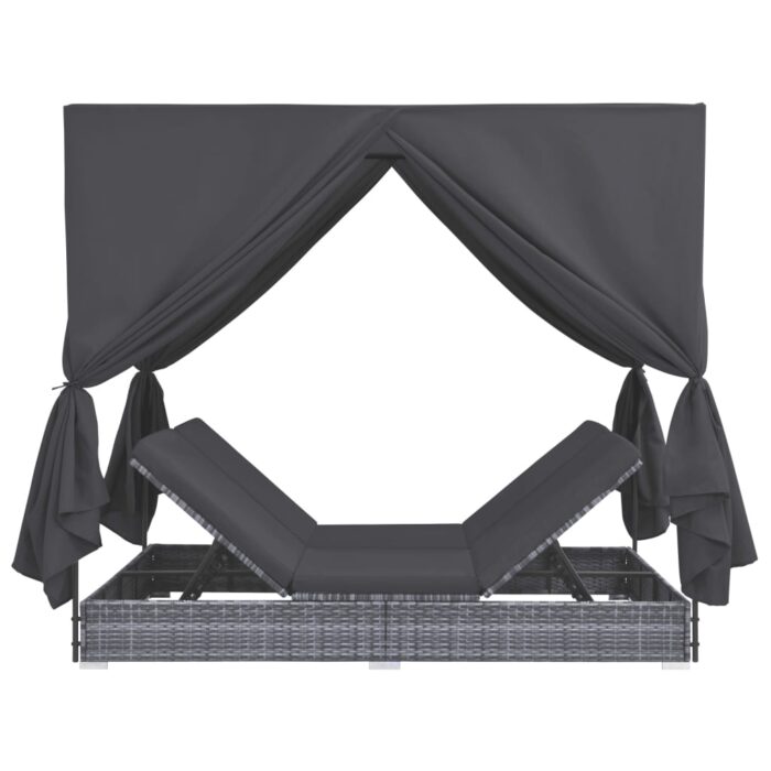 Chaise longue d'extérieur avec rideaux Résine tressée Gris – Image 2