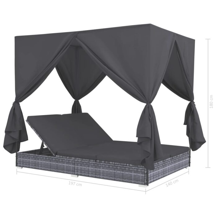 Chaise longue d'extérieur avec rideaux Résine tressée Gris – Image 6