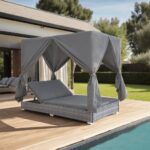Chaise longue d'extérieur avec rideaux Résine tressée Gris