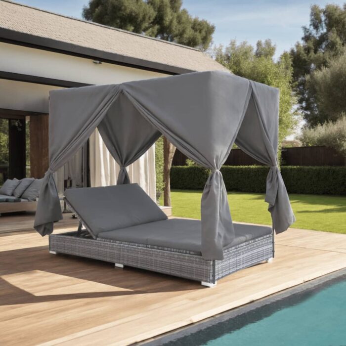 Chaise longue d'extérieur avec rideaux Résine tressée Gris – Image 1