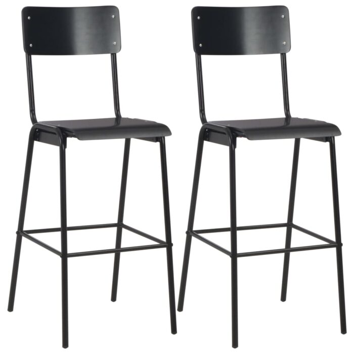 Chaises de bar lot de 2 noir contreplaqué solide et acier – Image 1