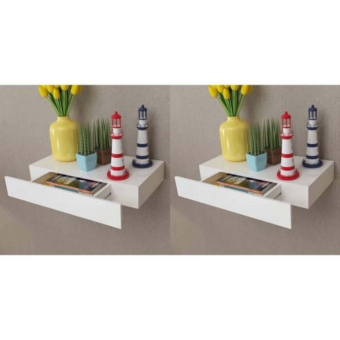 Étagères murales avec tiroirs 2 pcs Blanc 48 cm – Image 1