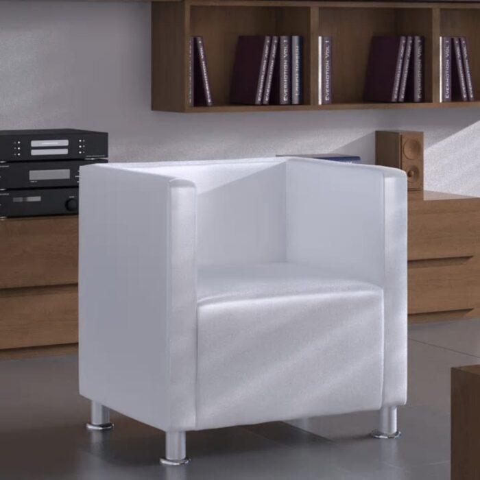 Fauteuil cube blanc simili cuir – Image 1