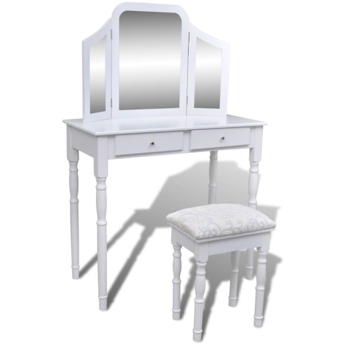 Coiffeuse avec miroir et tabouret 2 tiroirs Blanc – Image 1