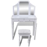 Coiffeuse avec miroir et tabouret 2 tiroirs Blanc – Image 2
