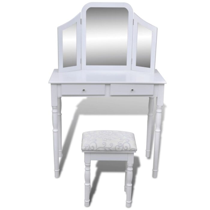 Coiffeuse avec miroir et tabouret 2 tiroirs Blanc – Image 2