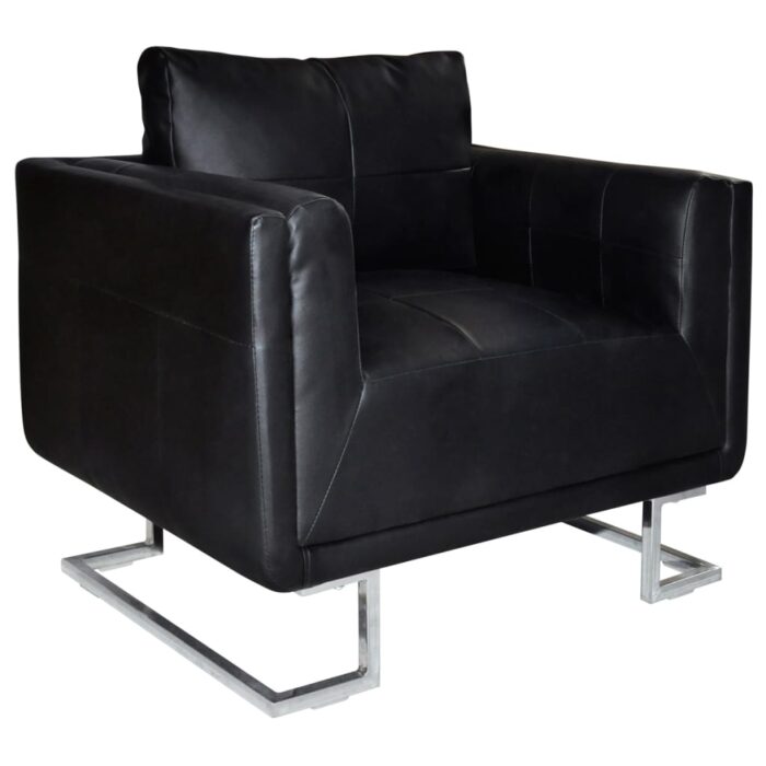 Fauteuil cube avec pieds chromés Noir Similicuir – Image 1