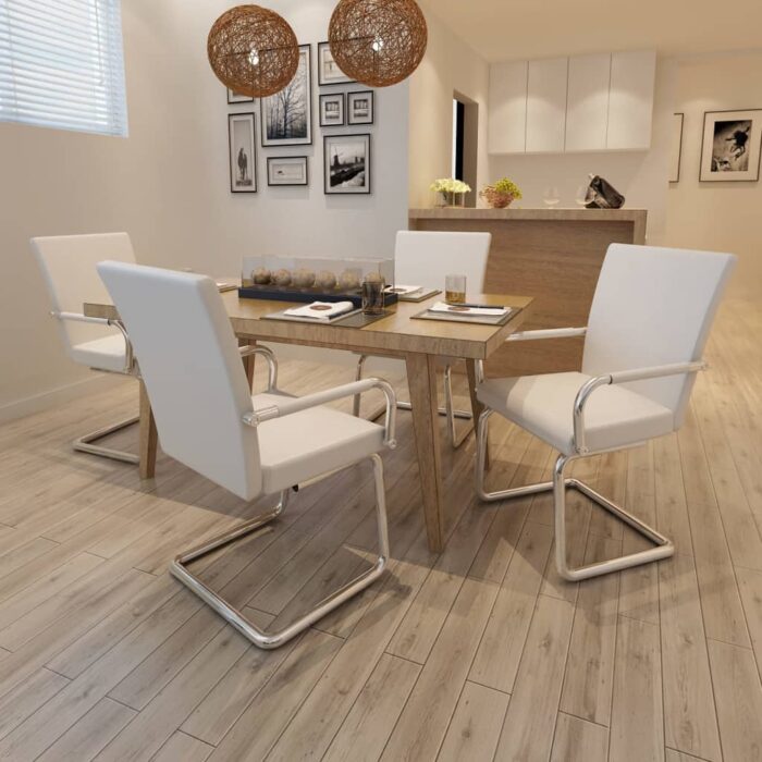 Chaises à manger cantilever lot de 4 blanc similicuir – Image 1