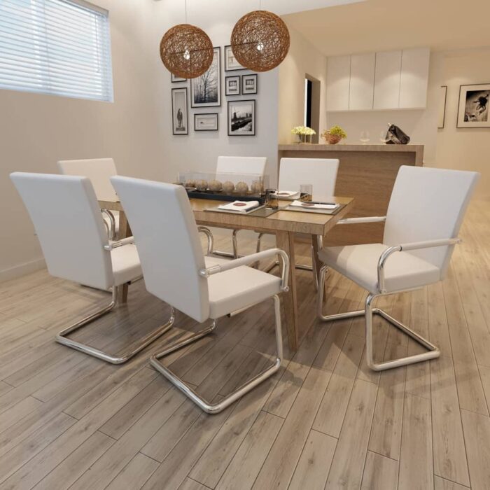 Chaises à manger cantilever lot de 6 blanc similicuir – Image 1