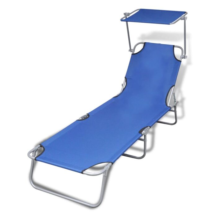 Chaise longue pliable avec auvent acier et tissu bleu – Image 1