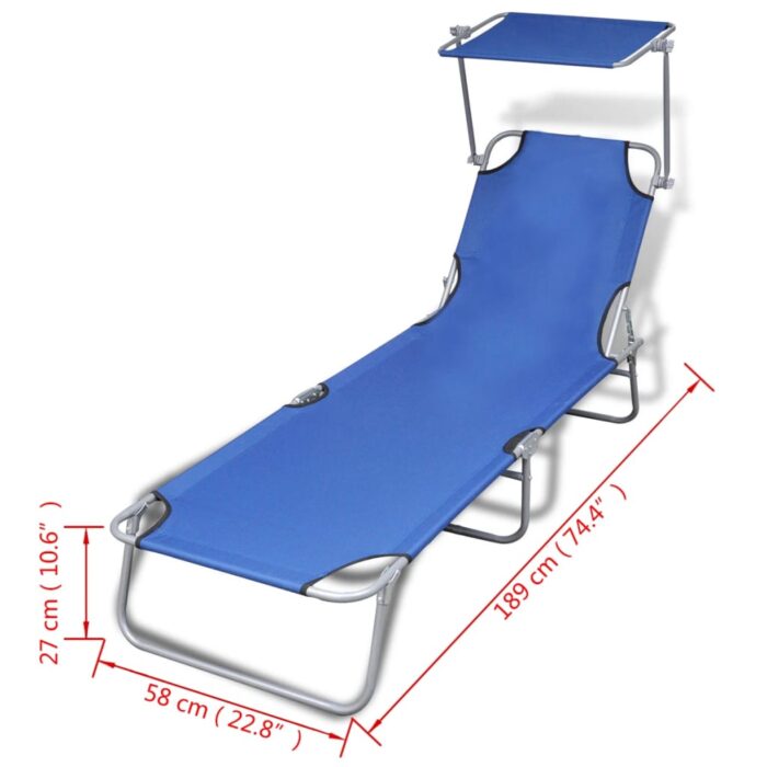 Chaise longue pliable avec auvent acier et tissu bleu – Image 6