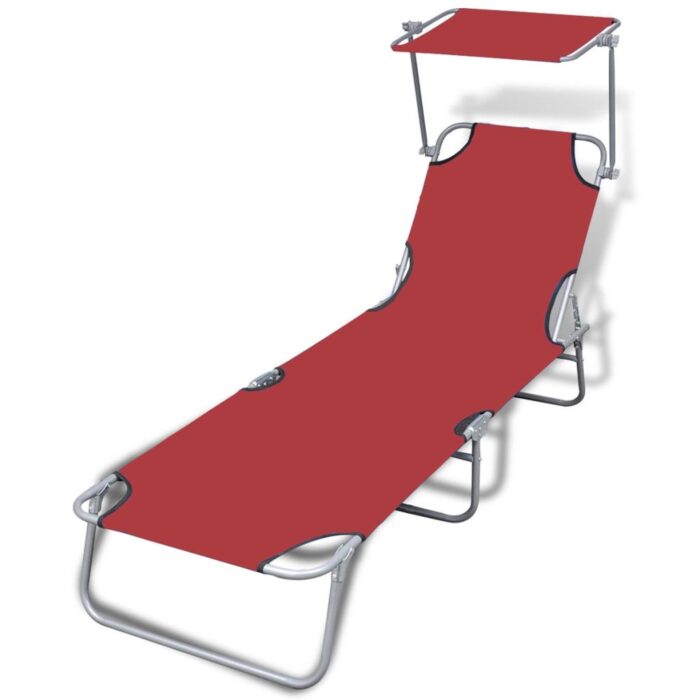 Chaise longue pliable avec auvent acier et tissu rouge – Image 1