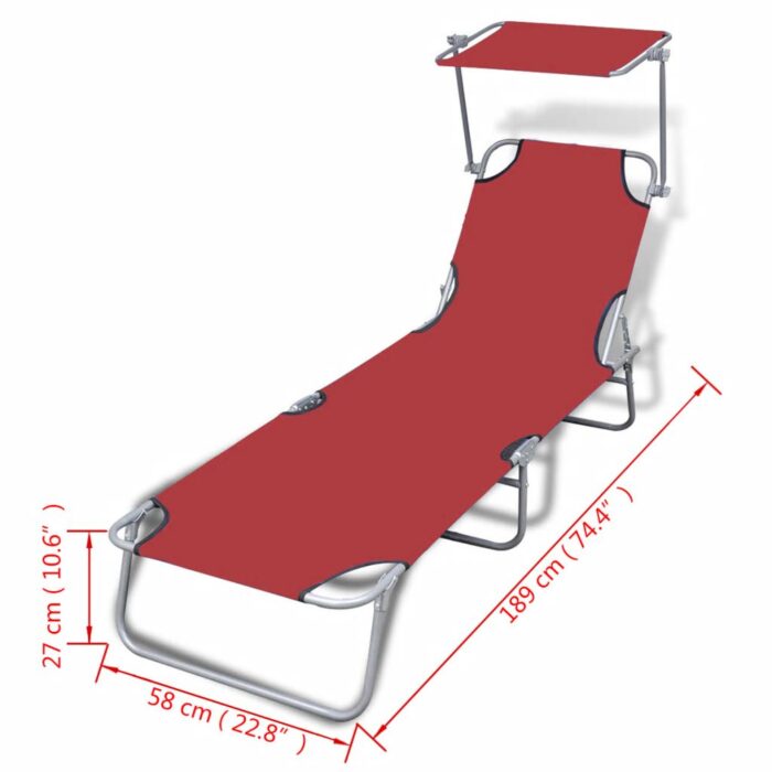 Chaise longue pliable avec auvent acier et tissu rouge – Image 6