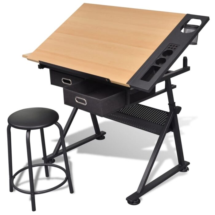 Table à dessin inclinable 2 tiroirs et tabouret – Image 1