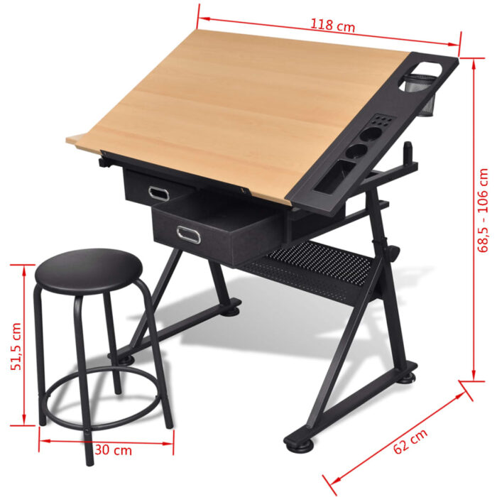 Table à dessin inclinable 2 tiroirs et tabouret – Image 7