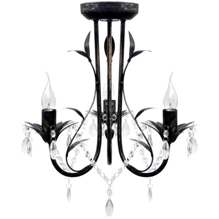 Lustre métal noir style art nouveau + perles crystal 3 x E14 Ampoules – Image 1
