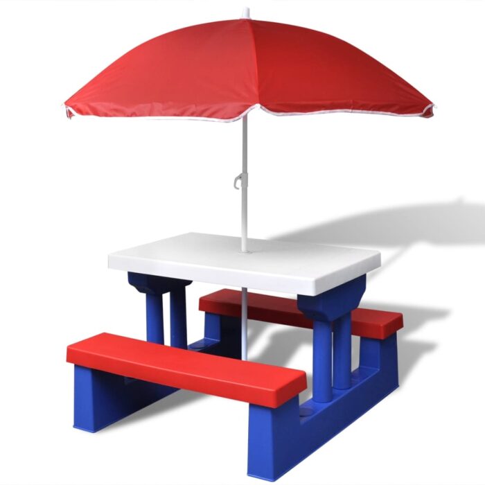 Table et bancs de pique-nique avec parasol pour enfants – Image 1