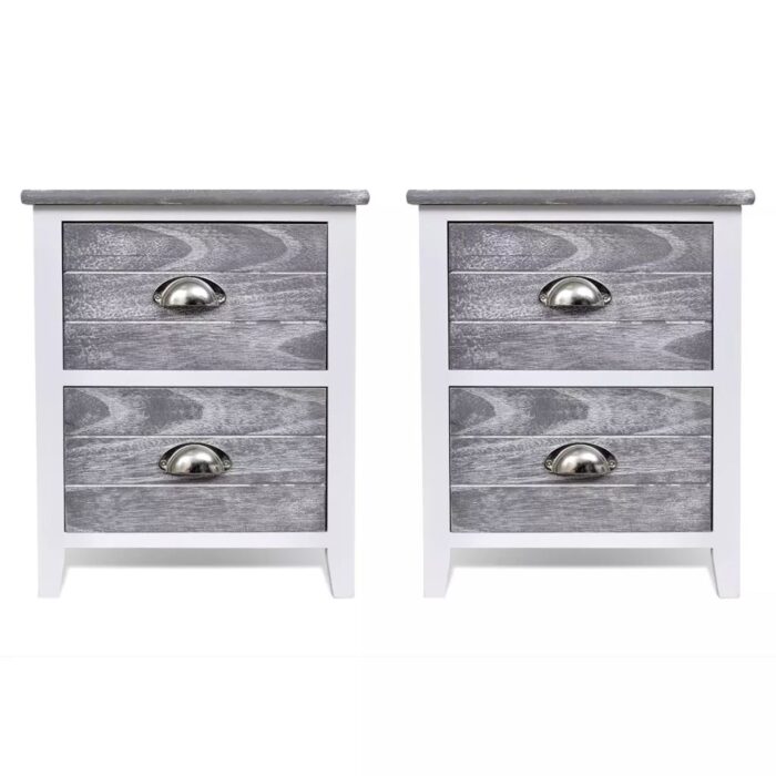 Table de chevet 2 pcs avec 2 tiroirs Gris et blanc – Image 2