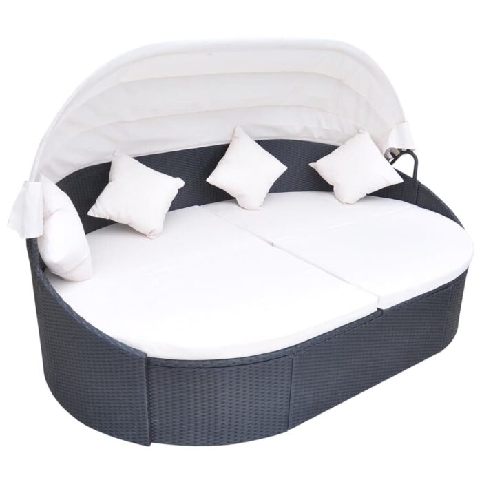 Chaise longue de jardin avec auvent Résine tressée Noir – Image 1