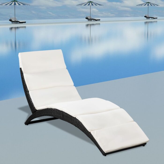 Chaise longue pliable avec coussin Résine tressée Noir – Image 1
