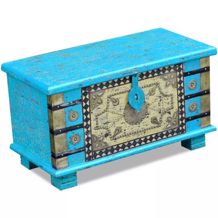 Coffre de rangement Bois de manguier bleu 80 x 40 x 45 cm – Image 1