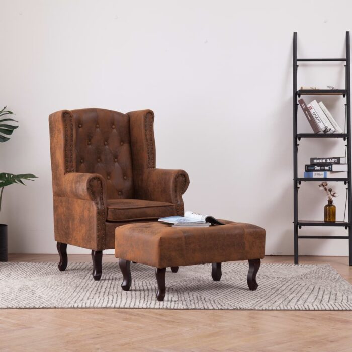 Fauteuil Chesterfield et repose-pieds Marron Similicuir daim – Image 1