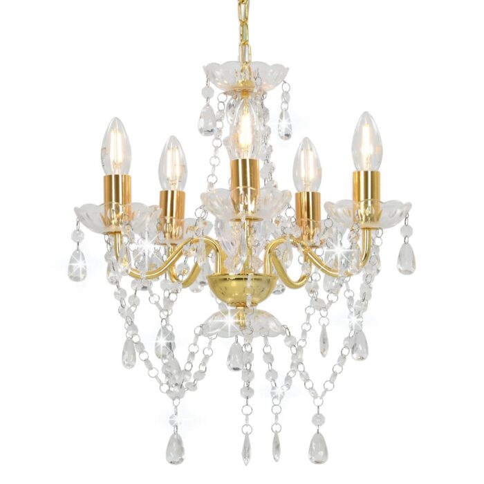 Lustre avec perles de cristal Doré Rond 5 x E14 – Image 1