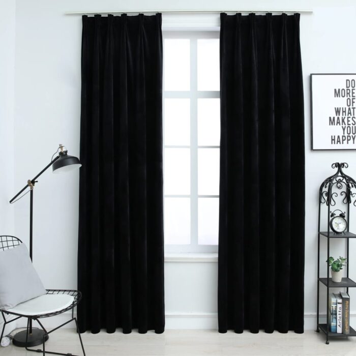 Rideaux occultants avec crochets 2 pcs Velours Noir 140x175 cm – Image 1