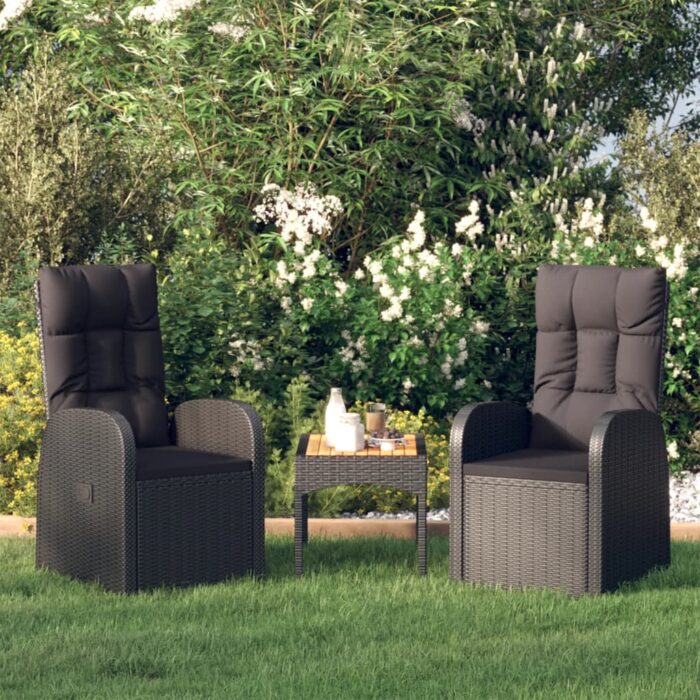 Chaise inclinable de jardin 2pc et coussins Résine tressée Noir – Image 1
