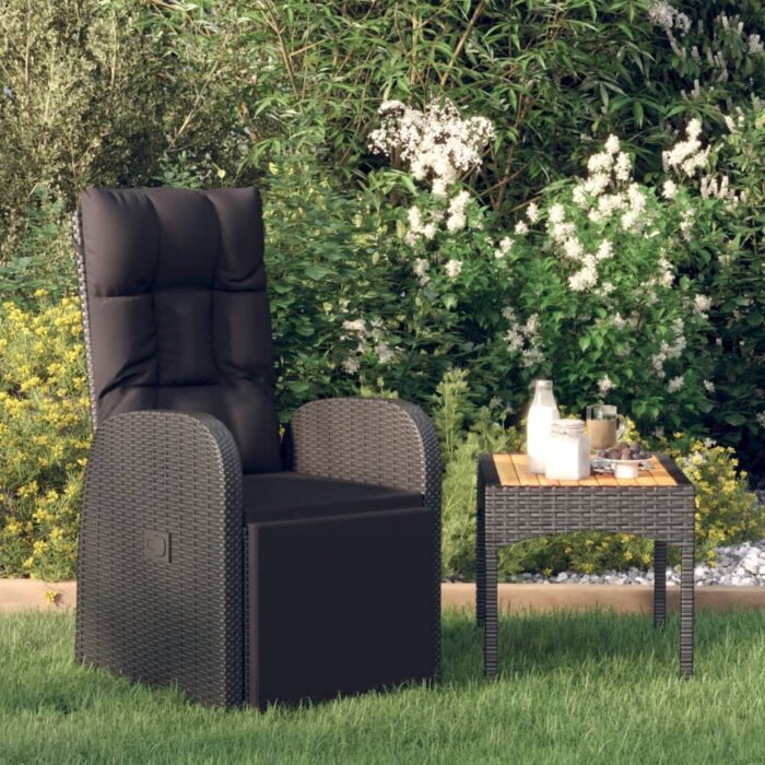 Chaise inclinable de jardin et coussin Résine tressée Noir – Image 1