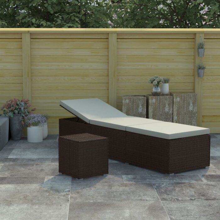 Chaise longue avec coussin et table à thé résine tressée marron – Image 1