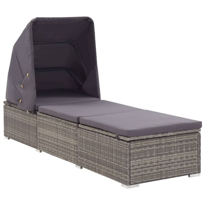 Chaise longue avec auvent et coussin Résine tressée Gris – Image 1