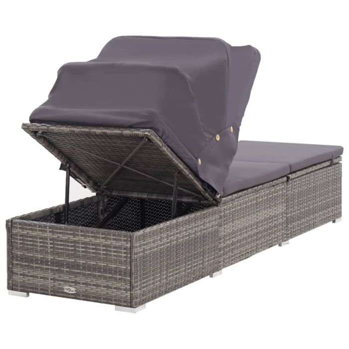 Chaise longue avec auvent et coussin Résine tressée Gris – Image 4