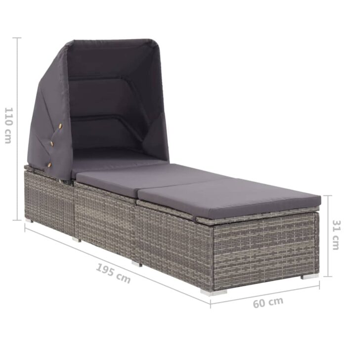 Chaise longue avec auvent et coussin Résine tressée Gris – Image 8