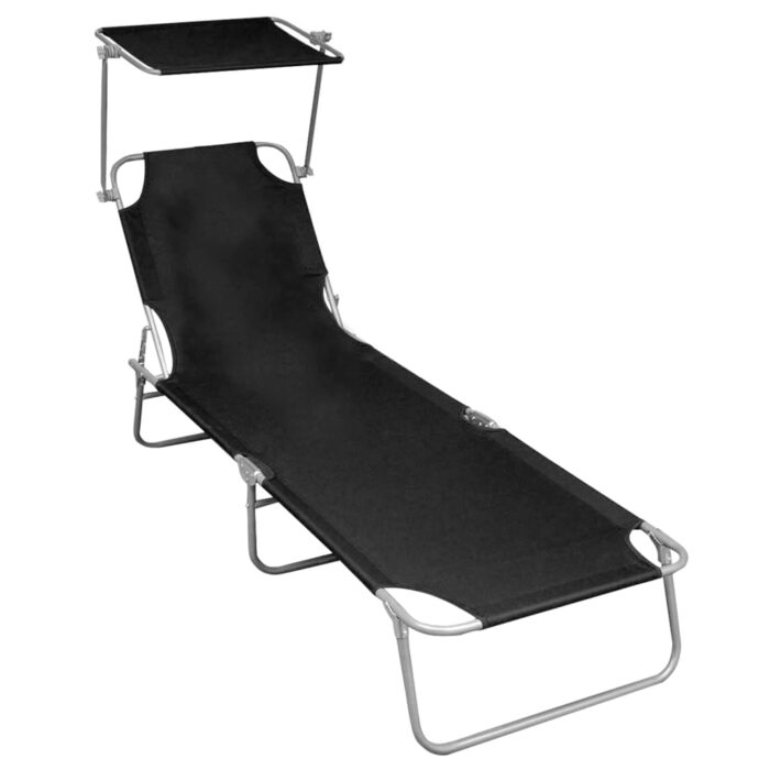 Chaise longue pliable avec auvent Noir Aluminium – Image 1