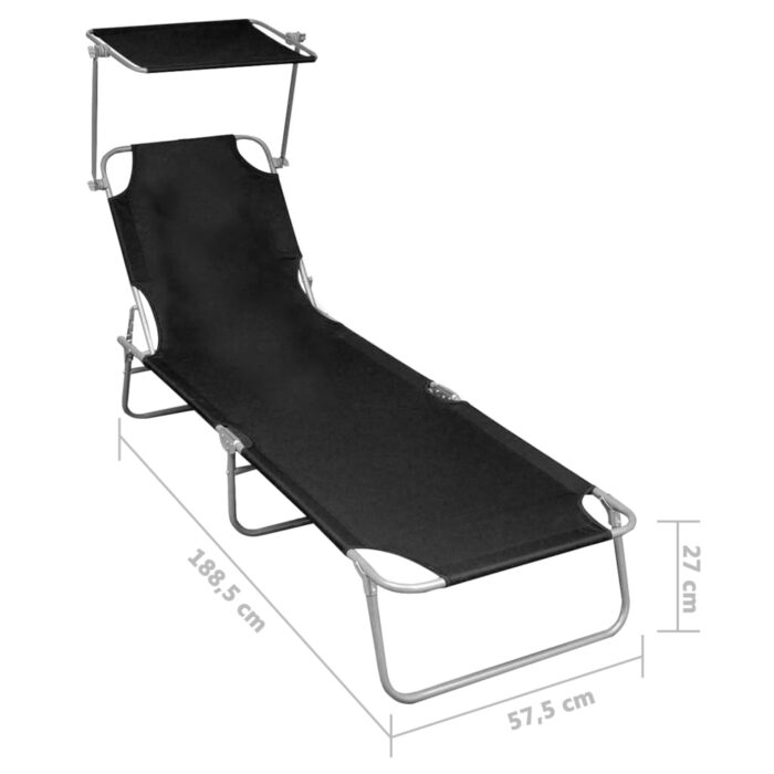 Chaise longue pliable avec auvent Noir Aluminium – Image 6