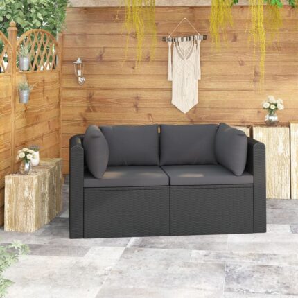 Canapés de jardin 2 pcs avec coussins Résine tressée Noir