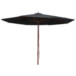 Parasol d'extérieur avec mât en bois 350 cm Noir